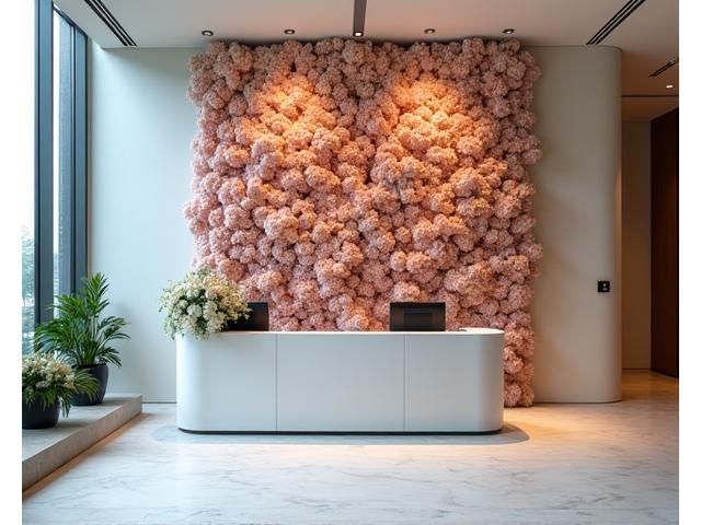 ミニマルなオフィス空間に飾られた大きな花瓶の花